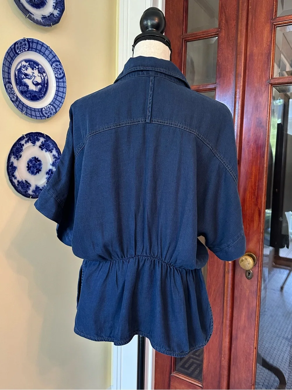Democracy | Shirttail Hem Peplum Patch Pocket Shirt in Indigo, Size M